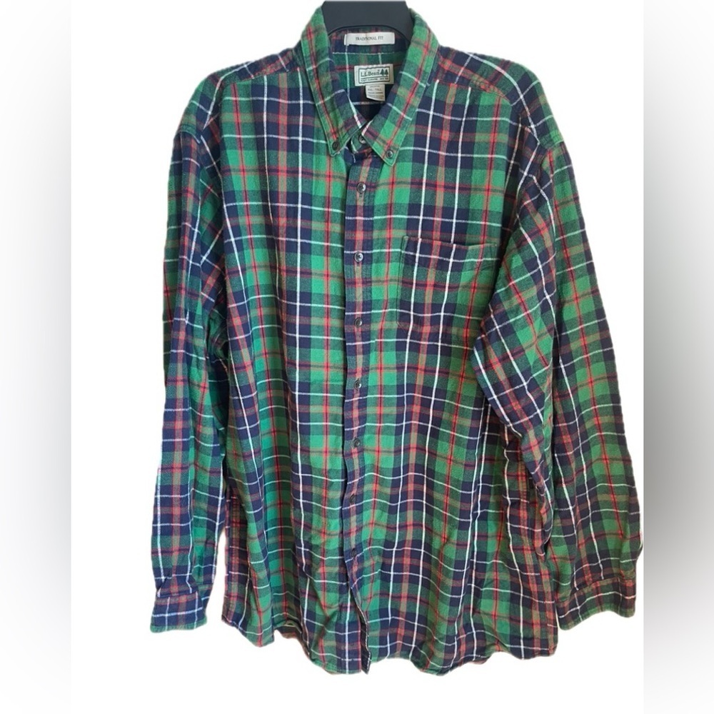 LL Bean Flannel Mens 2XL Tall Green Blue Plaid Button Up Casual Preppy